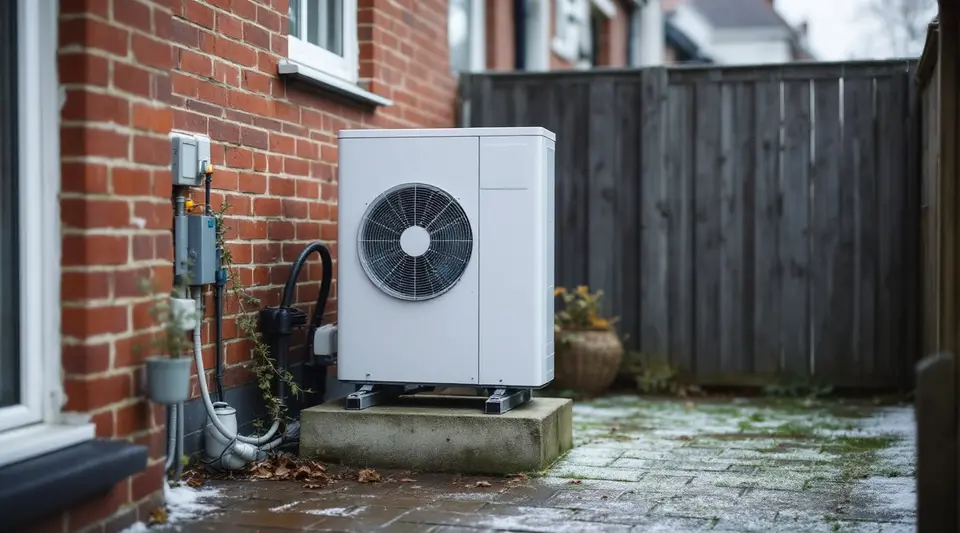Een witte buitenunit van een warmtepomp op een betonnen voet tegen de bakstenen achtergevel, in een kleine tuin met rijp op de tegels