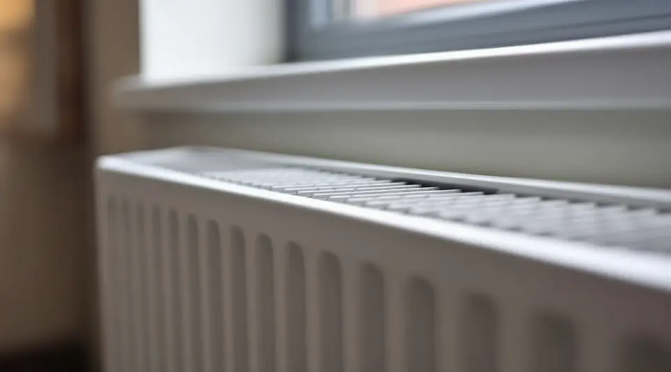 Een witte paneelradiator van dichtbij, met de golvende lamellen tussen de platen onder de vensterbank